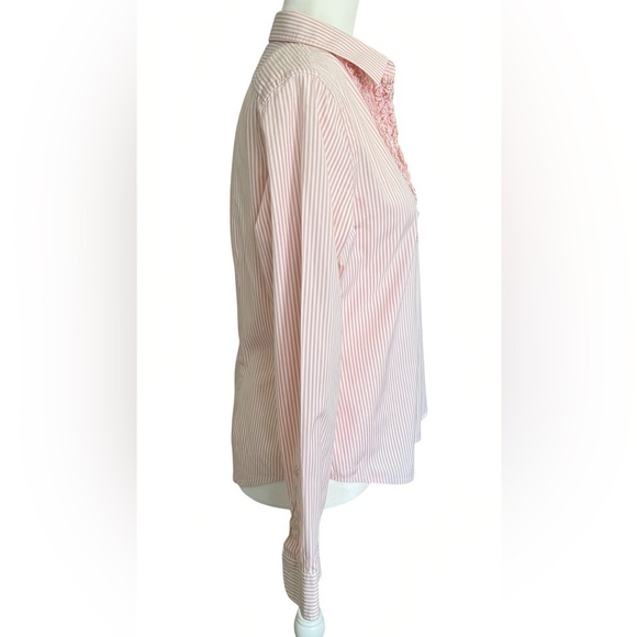 Lauren Ralph Lauren Petite Pink White Striped Ruffle Blouse Cotton P/L - Picture 3 of 9